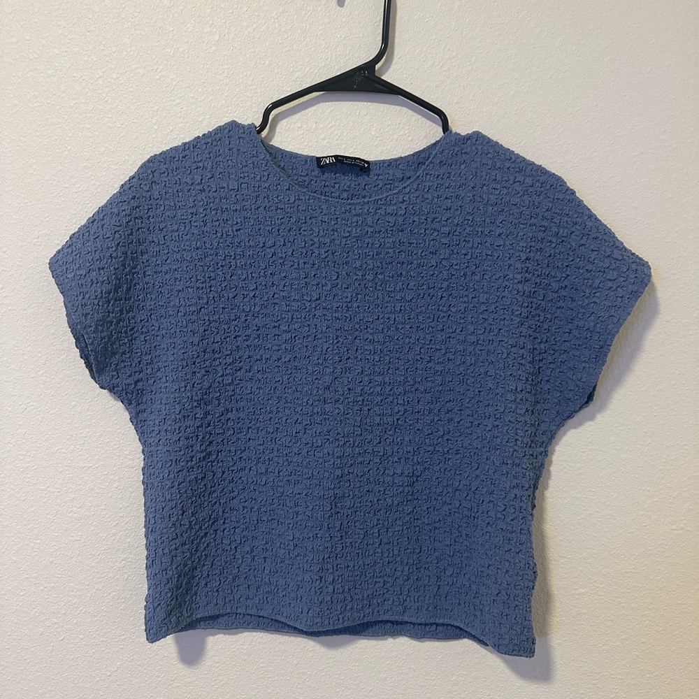 Zara Blue Popcorn Ruched Textured Short Sleeve Women's Cropped Top